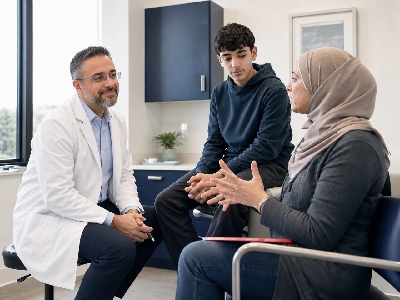 HMC provider speaking with a mother and her teenage son about confidential testing services
